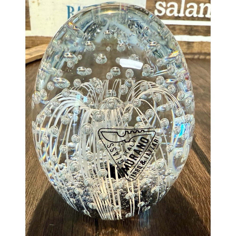 Ferro & Lazzarini Murano White Sea Anemone Egg Paperweight‎ Efeso Bubbles